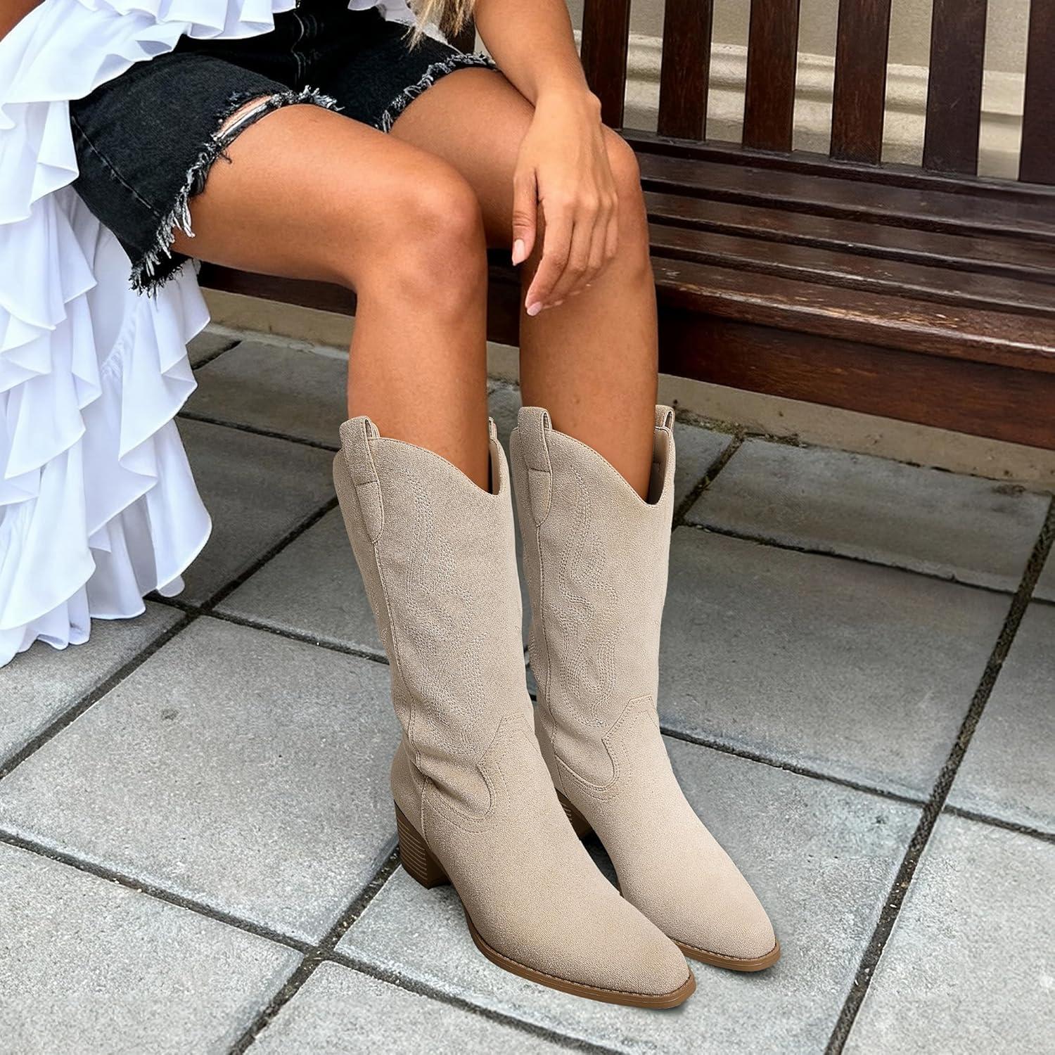 image:imageDREAM PAIRS Womens Square Toe Cowboy Mid Calf Western BootsBeige