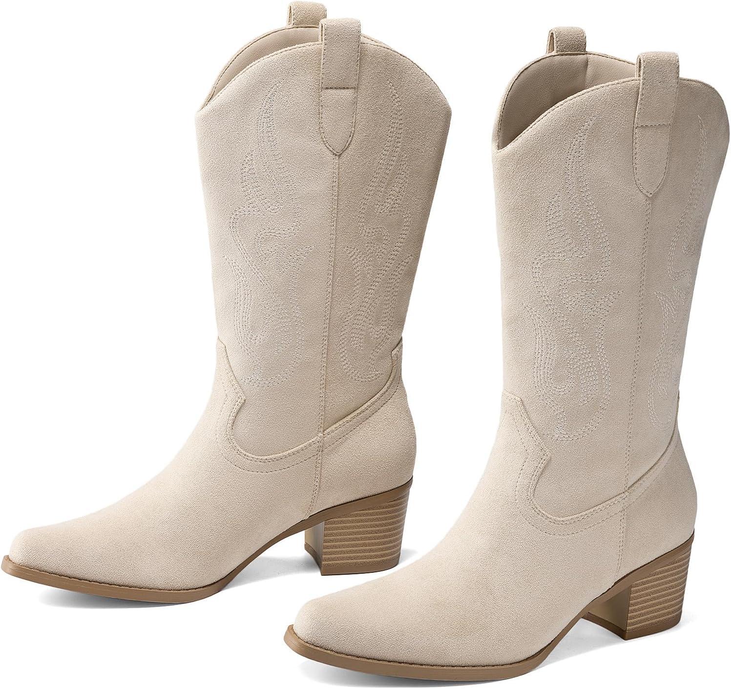image:imageDREAM PAIRS Womens Square Toe Cowboy Mid Calf Western BootsBeige