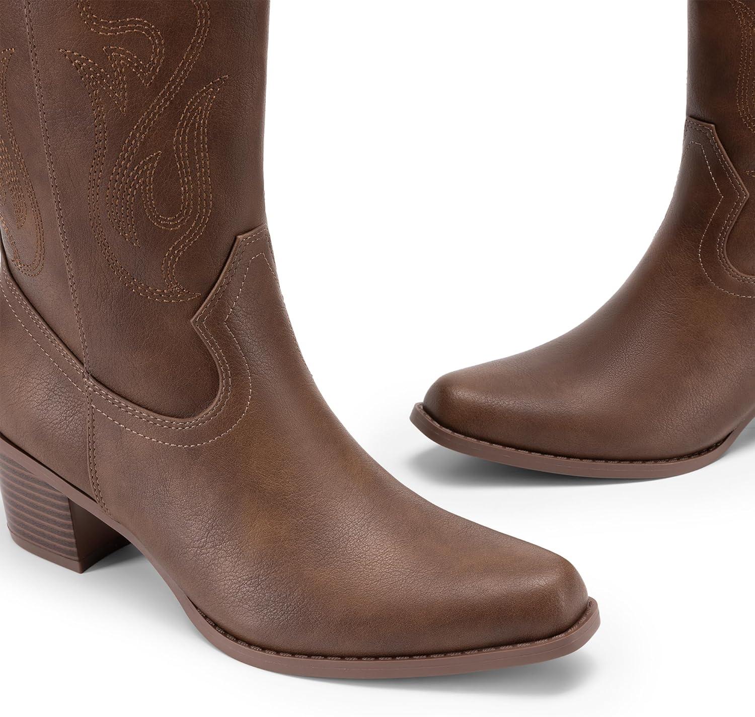image:imageDREAM PAIRS Womens Square Toe Cowboy Mid Calf Western BootsBrownpu