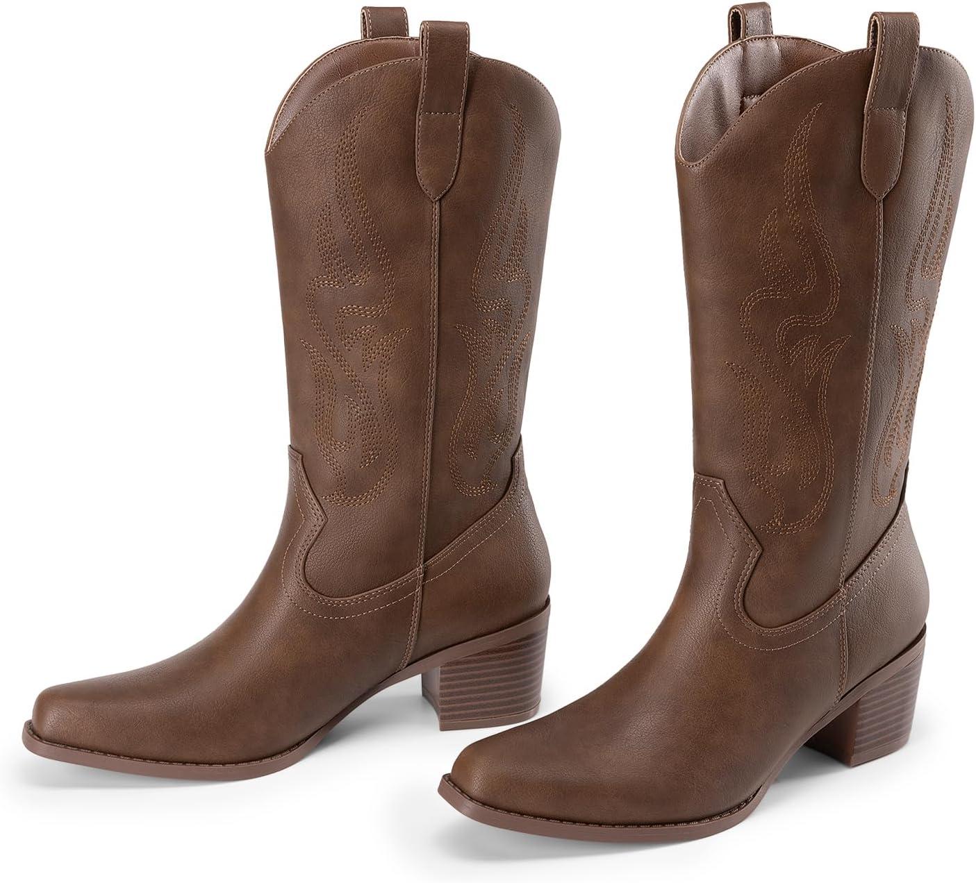 image:imageDREAM PAIRS Womens Square Toe Cowboy Mid Calf Western BootsBrownpu
