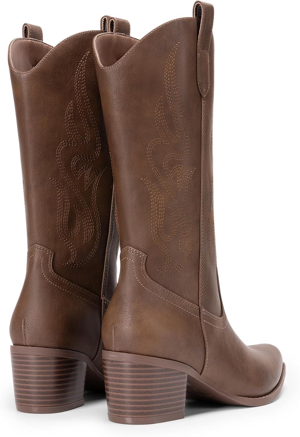 image:imageDREAM PAIRS Womens Square Toe Cowboy Mid Calf Western BootsBrownpu