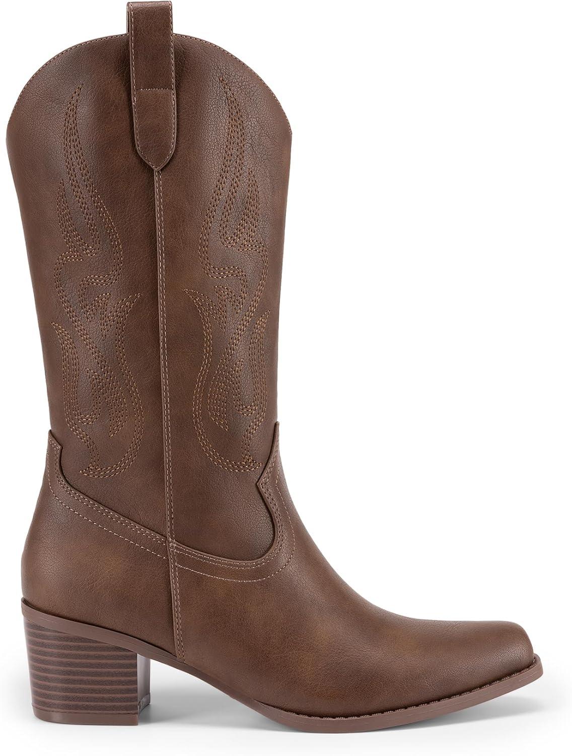 image:imageDREAM PAIRS Womens Square Toe Cowboy Mid Calf Western BootsBrownpu