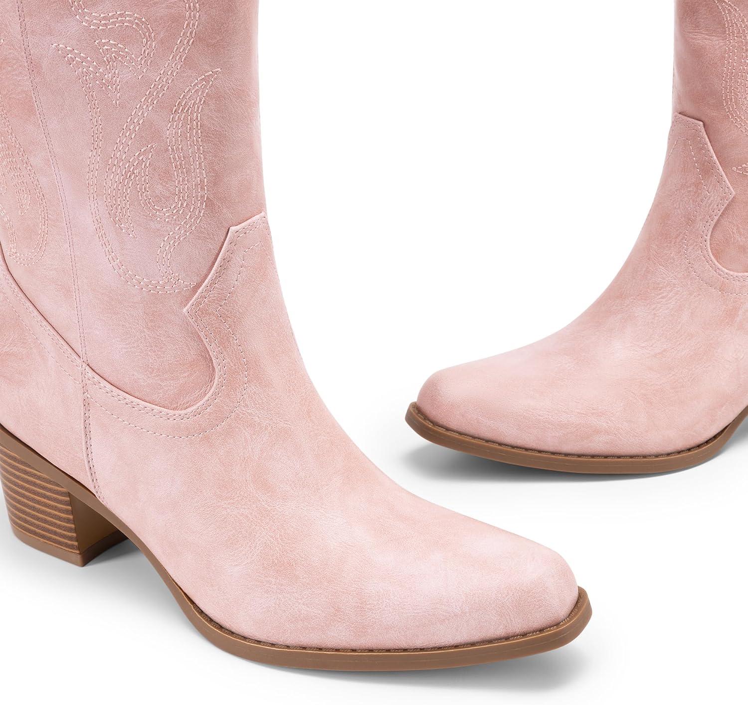 image:imageDREAM PAIRS Womens Square Toe Cowboy Mid Calf Western BootsPinkpu