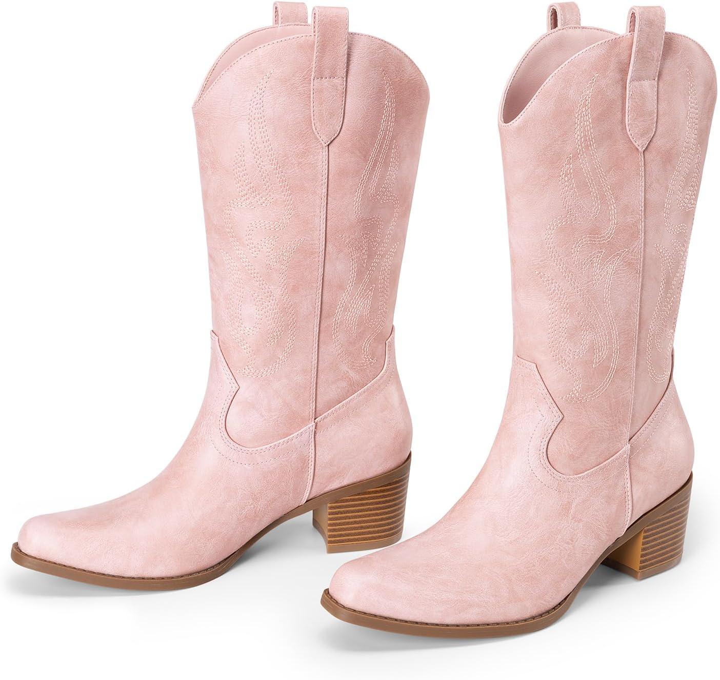 image:imageDREAM PAIRS Womens Square Toe Cowboy Mid Calf Western BootsPinkpu