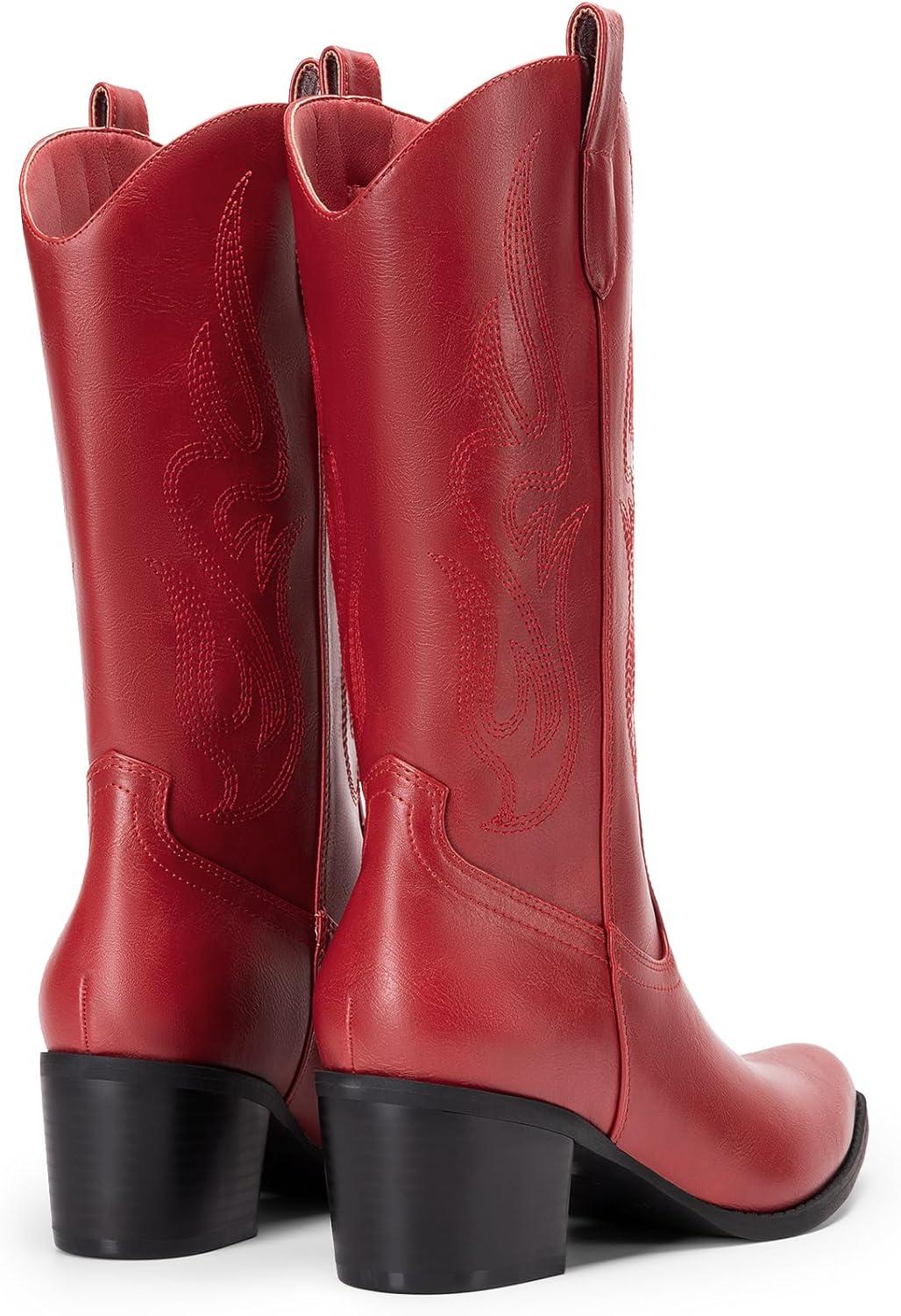 image:imageDREAM PAIRS Womens Square Toe Cowboy Mid Calf Western BootsRedpu