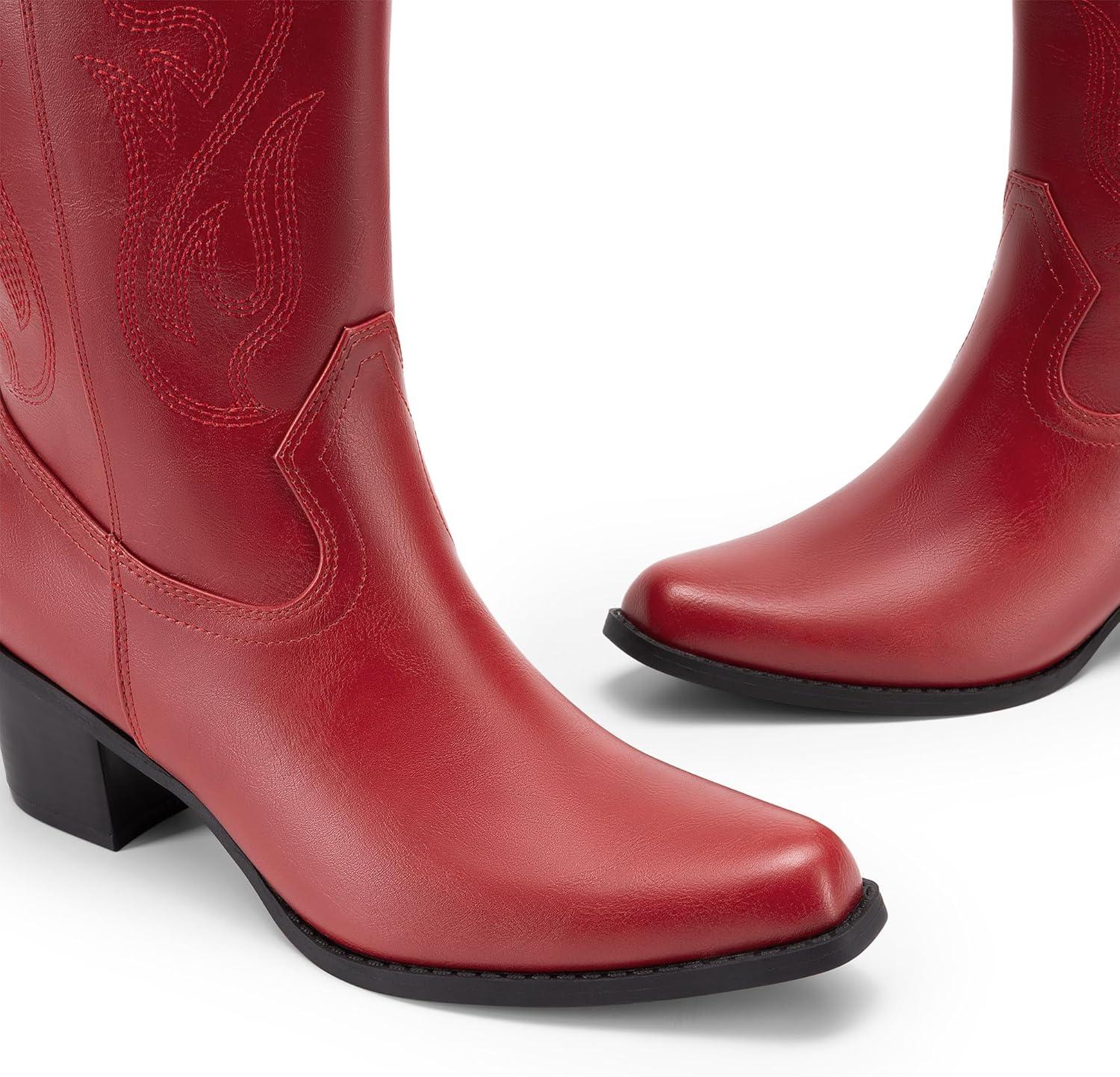 image:imageDREAM PAIRS Womens Square Toe Cowboy Mid Calf Western BootsRedpu
