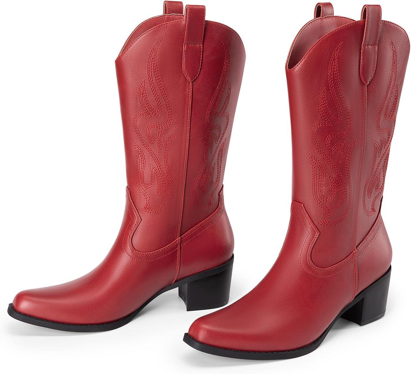image:imageDREAM PAIRS Womens Square Toe Cowboy Mid Calf Western BootsRedpu