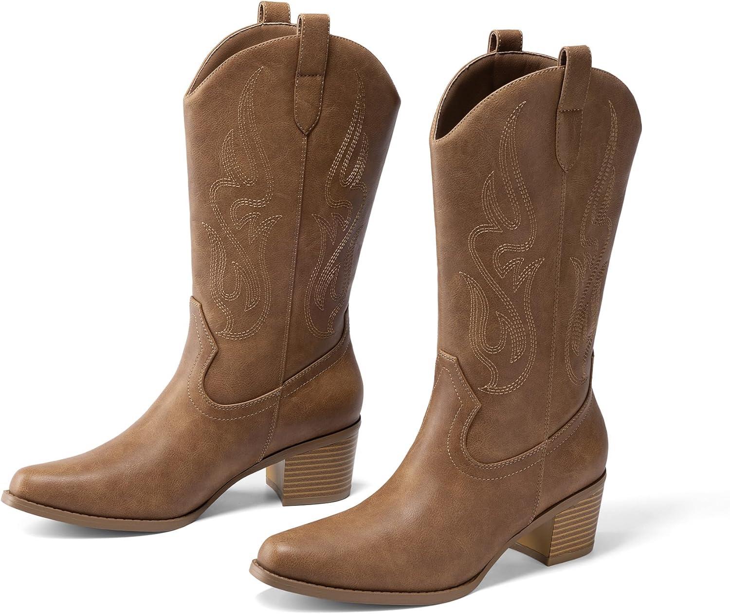 image:imageDREAM PAIRS Womens Square Toe Cowboy Mid Calf Western BootsTan