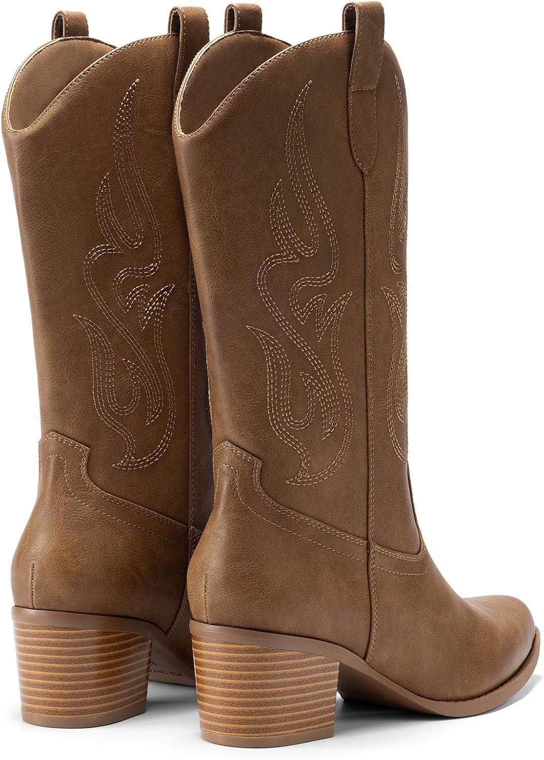 image:imageDREAM PAIRS Womens Square Toe Cowboy Mid Calf Western BootsTan