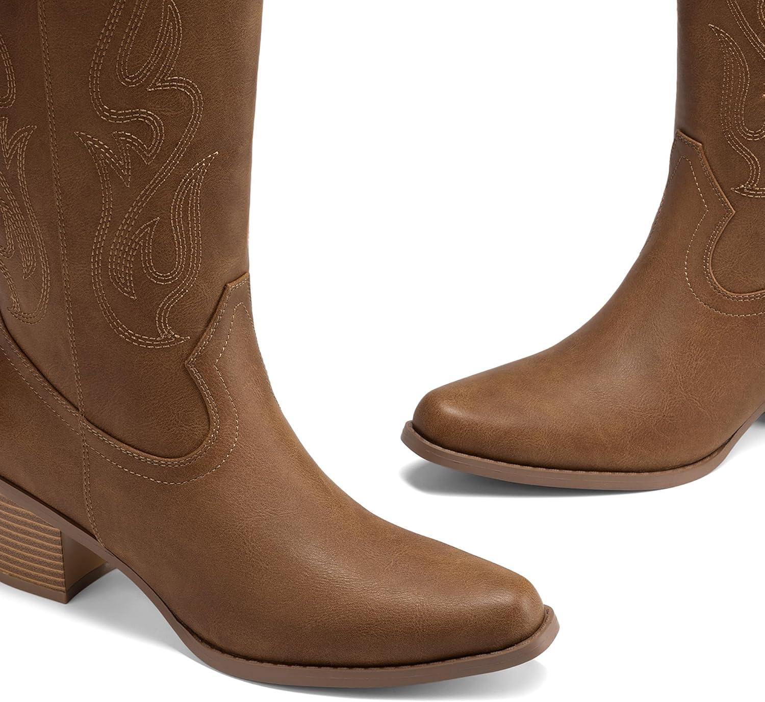 image:imageDREAM PAIRS Womens Square Toe Cowboy Mid Calf Western BootsTan