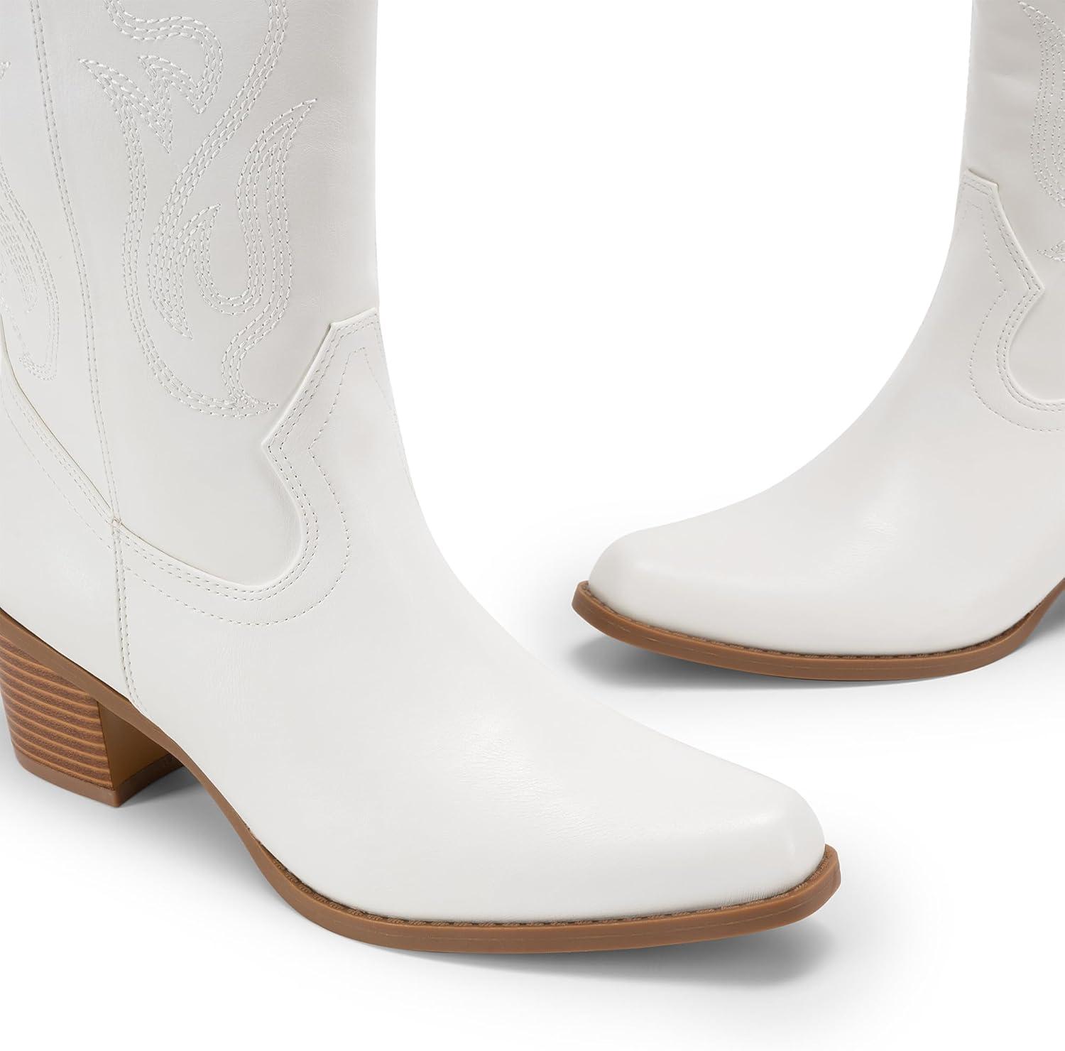 image:imageDREAM PAIRS Womens Square Toe Cowboy Mid Calf Western BootsWhitepu