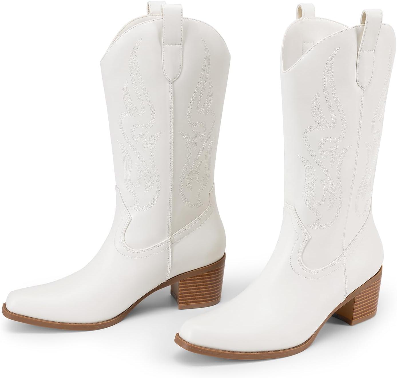 image:imageDREAM PAIRS Womens Square Toe Cowboy Mid Calf Western BootsWhitepu