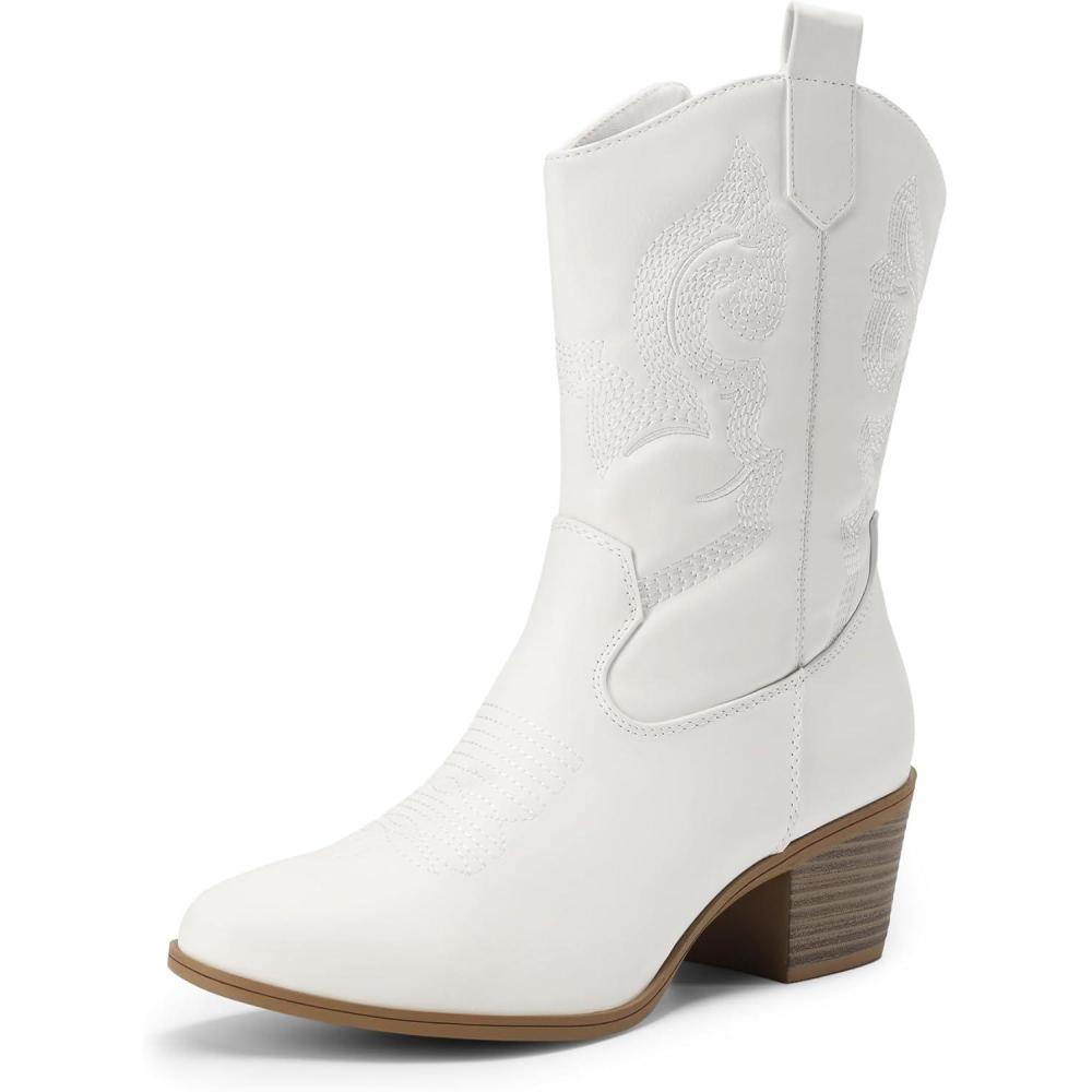 image:imageDREAM PAIRS Cowboy Boots for Women Mid Calf Cowgirl Boots with Embroidery Round Toe Western Chunky Low Heel ShoesAll White