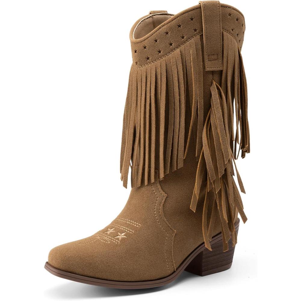 image:imageDREAM PAIRS Girls Cowboy Boots with Tassel Fringe Cowgirl Boots Kids Western Boots Stylish amp ComfortableBrown