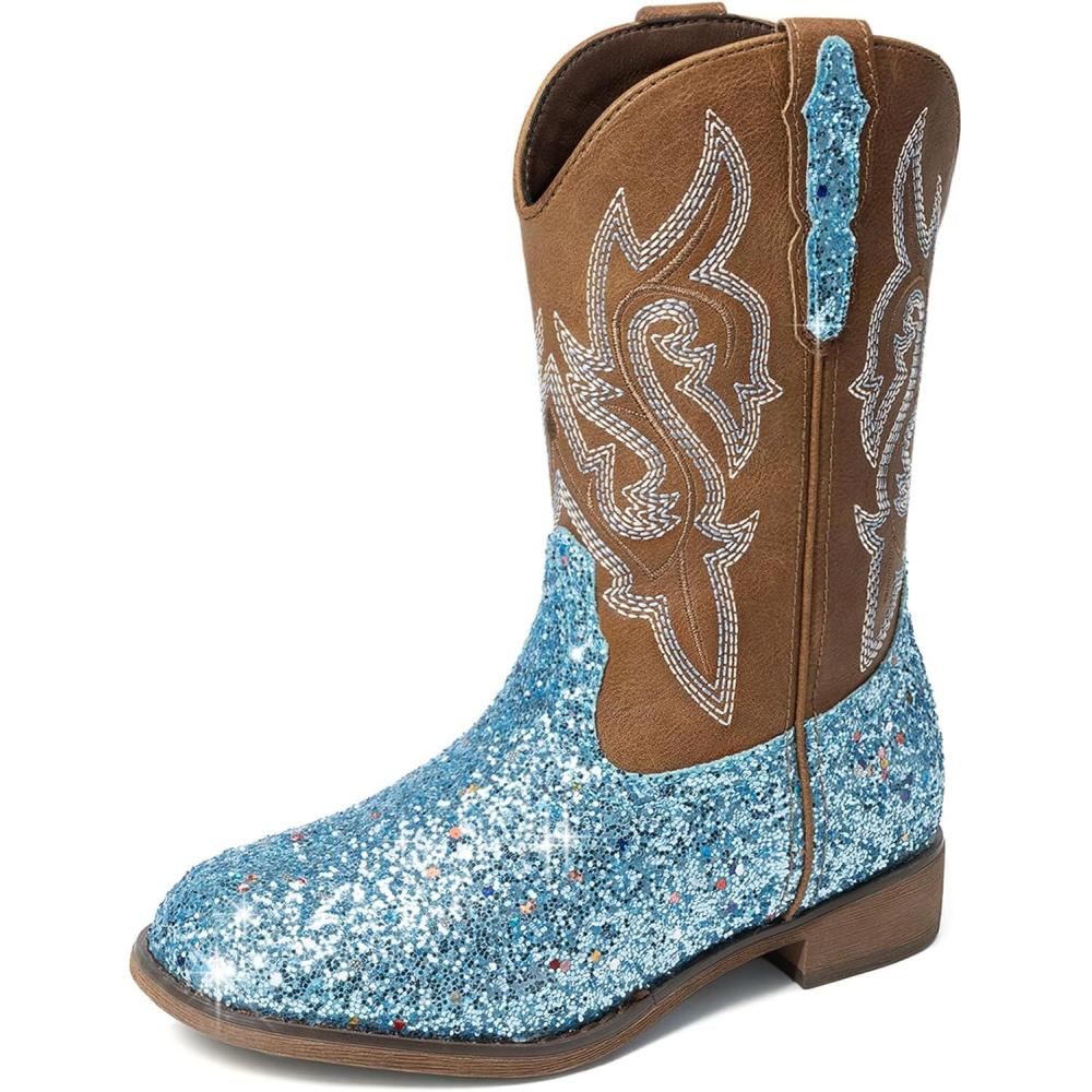 image:imageDREAM PAIRS Girls Cowgirl Boots Glitter Toddler Cowboy Boots Child Mid Calf Riding Shoes Party Birthday Dress Up for ToddlerLittleBig KidBlue