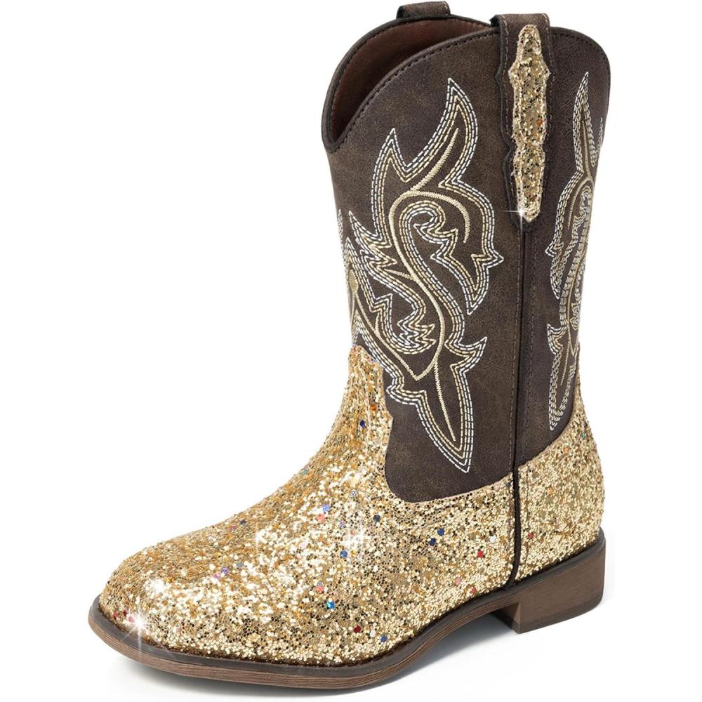 image:imageDREAM PAIRS Girls Cowgirl Boots Glitter Toddler Cowboy Boots Child Mid Calf Riding Shoes Party Birthday Dress Up for ToddlerLittleBig KidGold