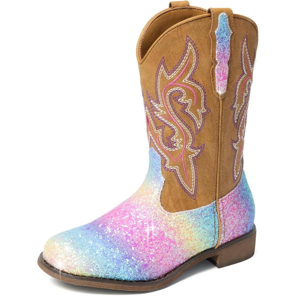 image:imageDREAM PAIRS Girls Cowgirl Boots Glitter Toddler Cowboy Boots Child Mid Calf Riding Shoes Party Birthday Dress Up for ToddlerLittleBig KidRainbow