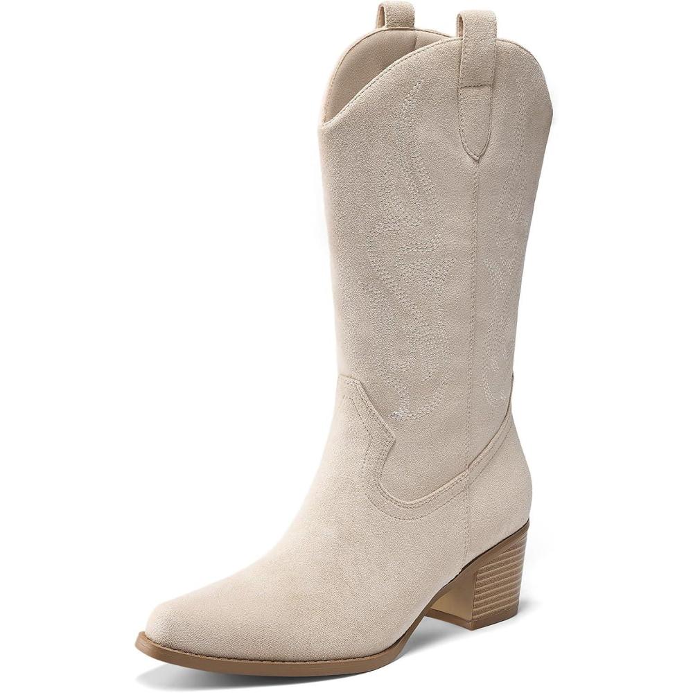 image:imageDREAM PAIRS Womens Square Toe Cowboy Mid Calf Western BootsBeige