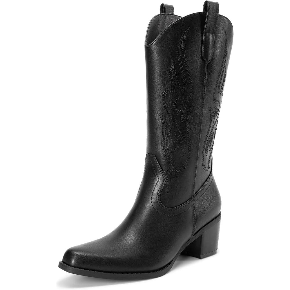 image:imageDREAM PAIRS Womens Square Toe Cowboy Mid Calf Western BootsBlackpu