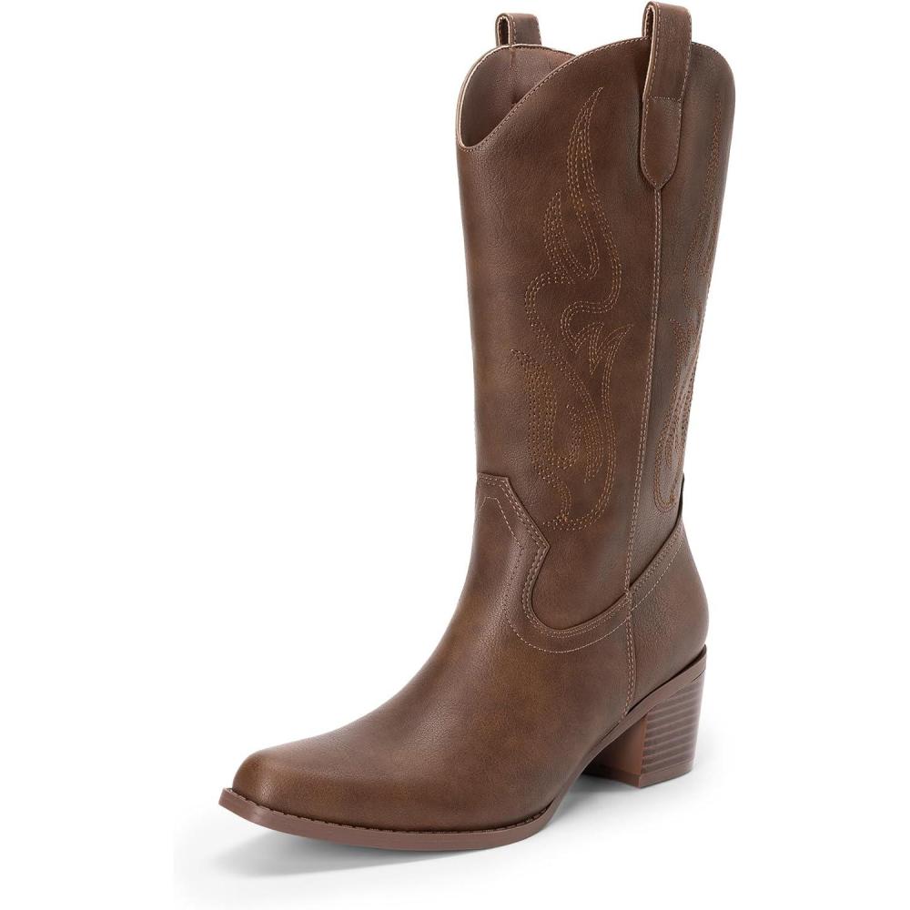 image:imageDREAM PAIRS Womens Square Toe Cowboy Mid Calf Western BootsBrownpu
