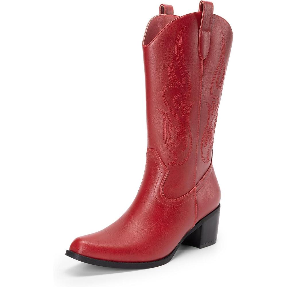 image:imageDREAM PAIRS Womens Square Toe Cowboy Mid Calf Western BootsRedpu