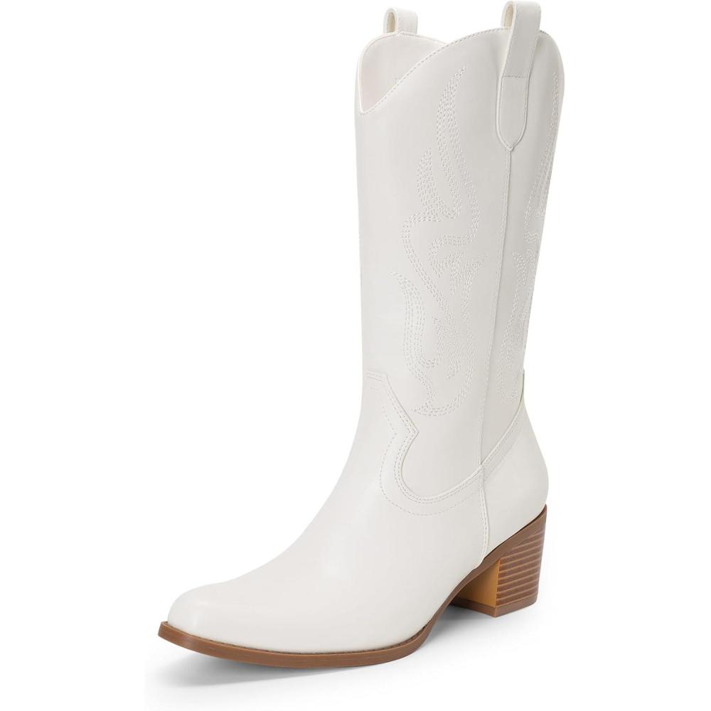 image:imageDREAM PAIRS Womens Square Toe Cowboy Mid Calf Western BootsWhitepu