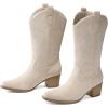 DREAM PAIRS Women’s Square Toe Cowboy Mid Calf Western Boots(Beige)