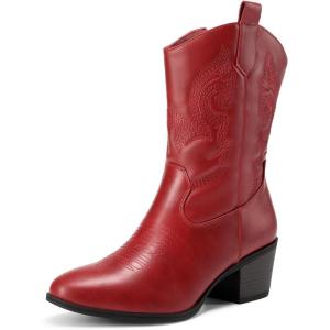 DREAM PAIRS Cowboy Boots for Women, Mid Calf Cowgirl Boots with Embroidery Round Toe Western Chunky Low Heel Shoes(Red)