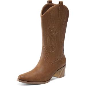 DREAM PAIRS Women’s Square Toe Cowboy Mid Calf Western Boots(Tan)