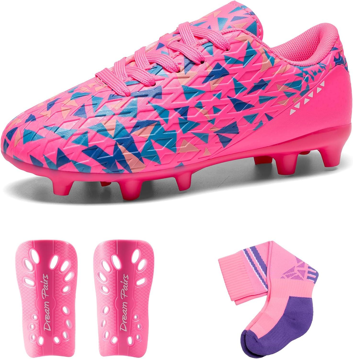 image:imageDREAM PAIRS Boys Girls Soccer Cleats Youth Firm Groud Athletic Outdoor Trainning Football Shoes with Soccer SocksHot PinkBlue