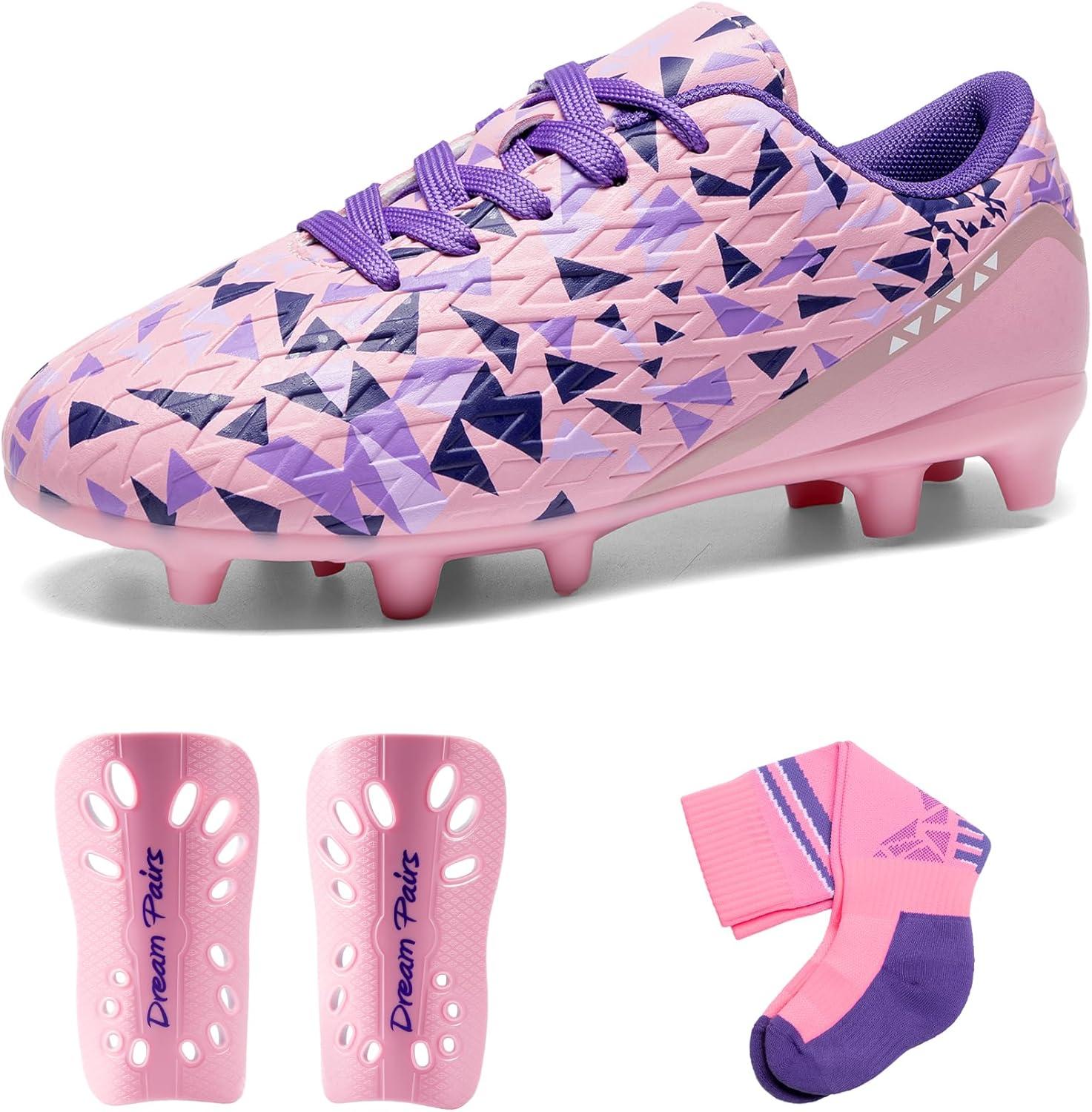 image:imageDREAM PAIRS Boys Girls Soccer Cleats Youth Firm Groud Athletic Outdoor Trainning Football Shoes with Soccer SocksPinkLight Purple