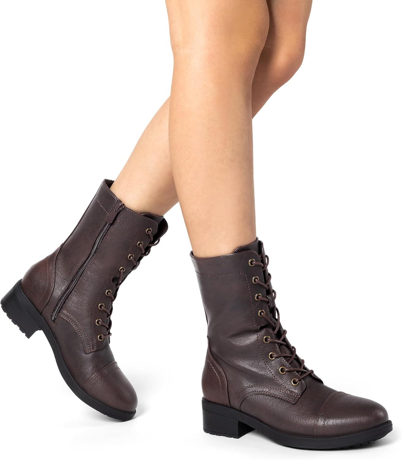 image:imageDREAM PAIRS Womens Combat Mid Calf BootsDark Brown