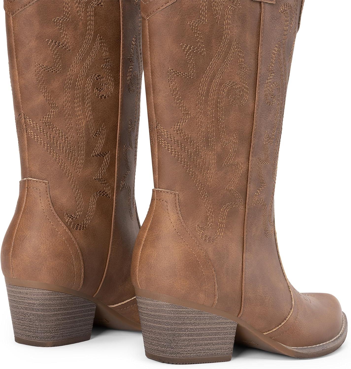 image:imageDREAM PAIRS Womens Cowboy Cowgirl Boots Embroidered Pointed Toe Low Heel Western Mid Calf Boot for Theme Party Country ConcertAll Brown