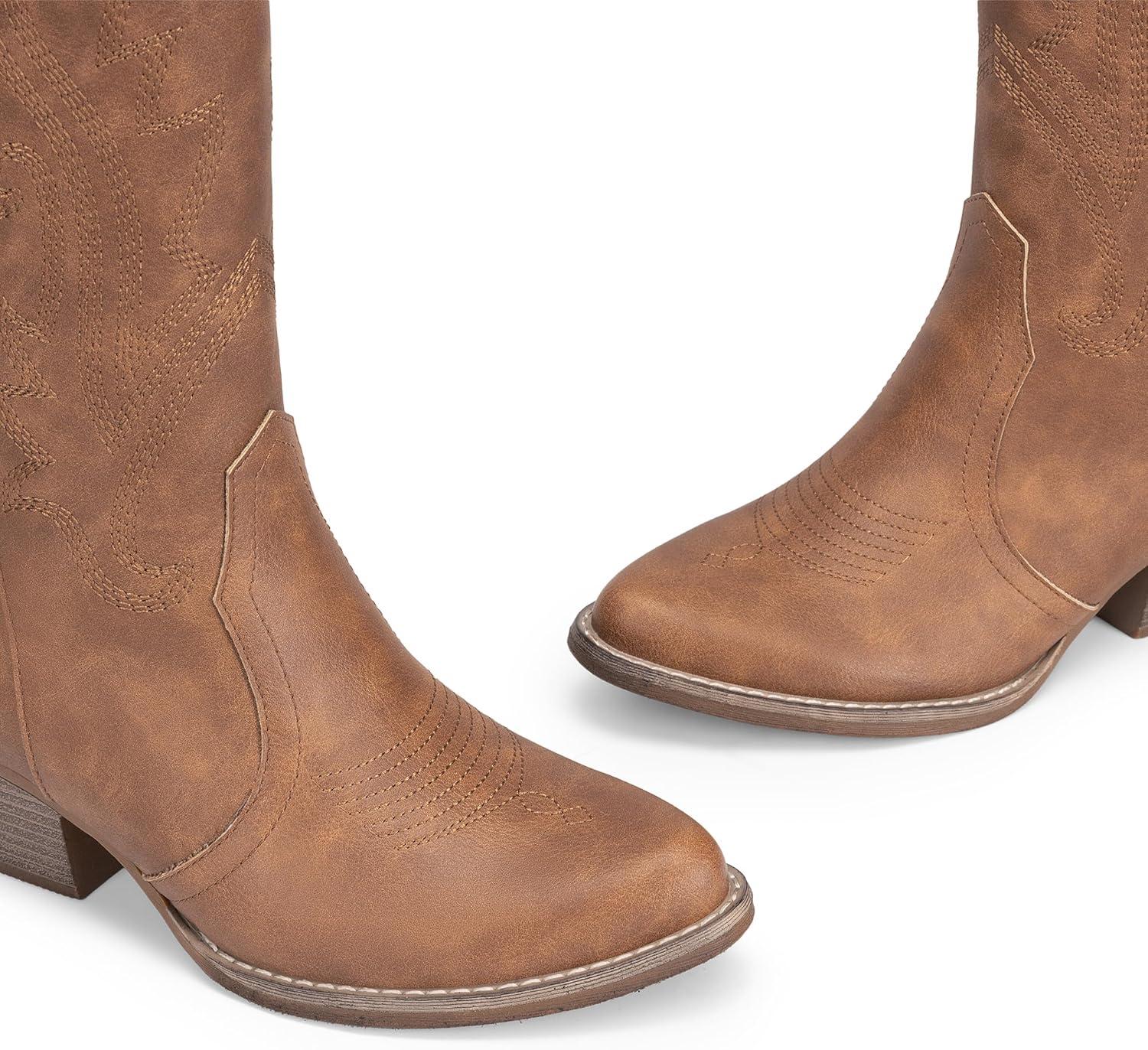 image:imageDREAM PAIRS Womens Cowboy Cowgirl Boots Embroidered Pointed Toe Low Heel Western Mid Calf Boot for Theme Party Country ConcertAll Brown