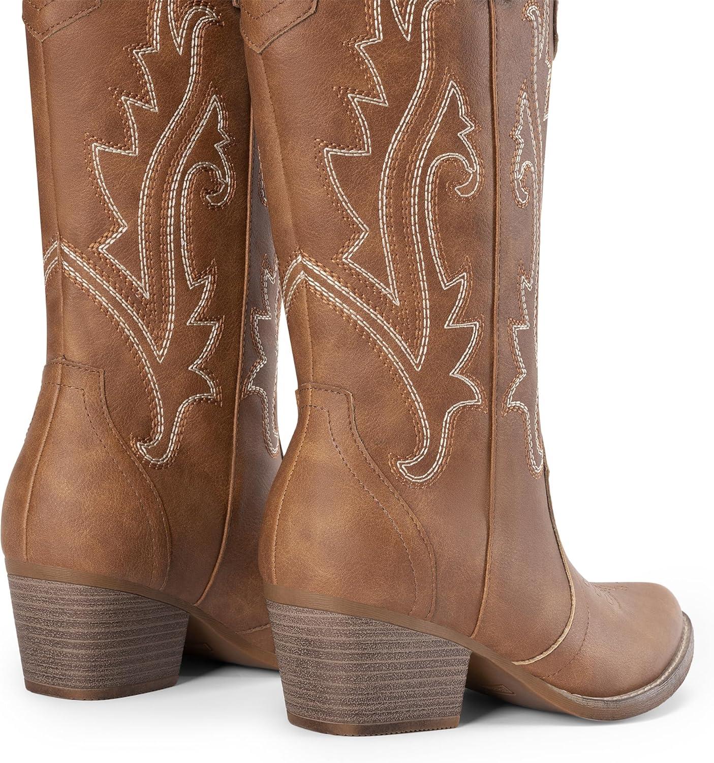 image:imageDREAM PAIRS Womens Cowboy Cowgirl Boots Embroidered Pointed Toe Low Heel Western Mid Calf Boot for Theme Party Country ConcertBrown