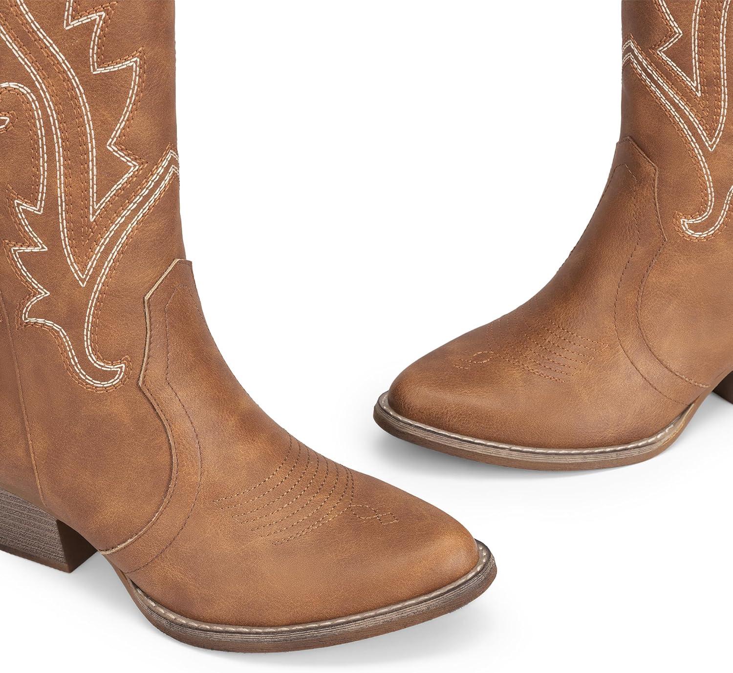 image:imageDREAM PAIRS Womens Cowboy Cowgirl Boots Embroidered Pointed Toe Low Heel Western Mid Calf Boot for Theme Party Country ConcertBrown