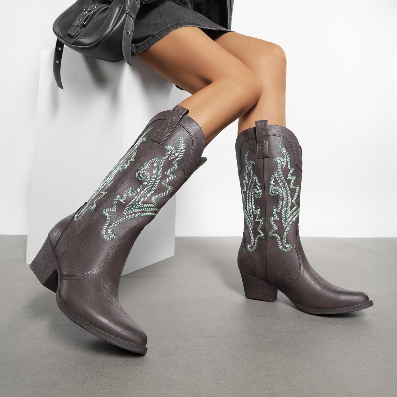 image:imageDREAM PAIRS Womens Cowboy Cowgirl Boots Embroidered Pointed Toe Low Heel Western Mid Calf Boot for Theme Party Country ConcertDark Brown