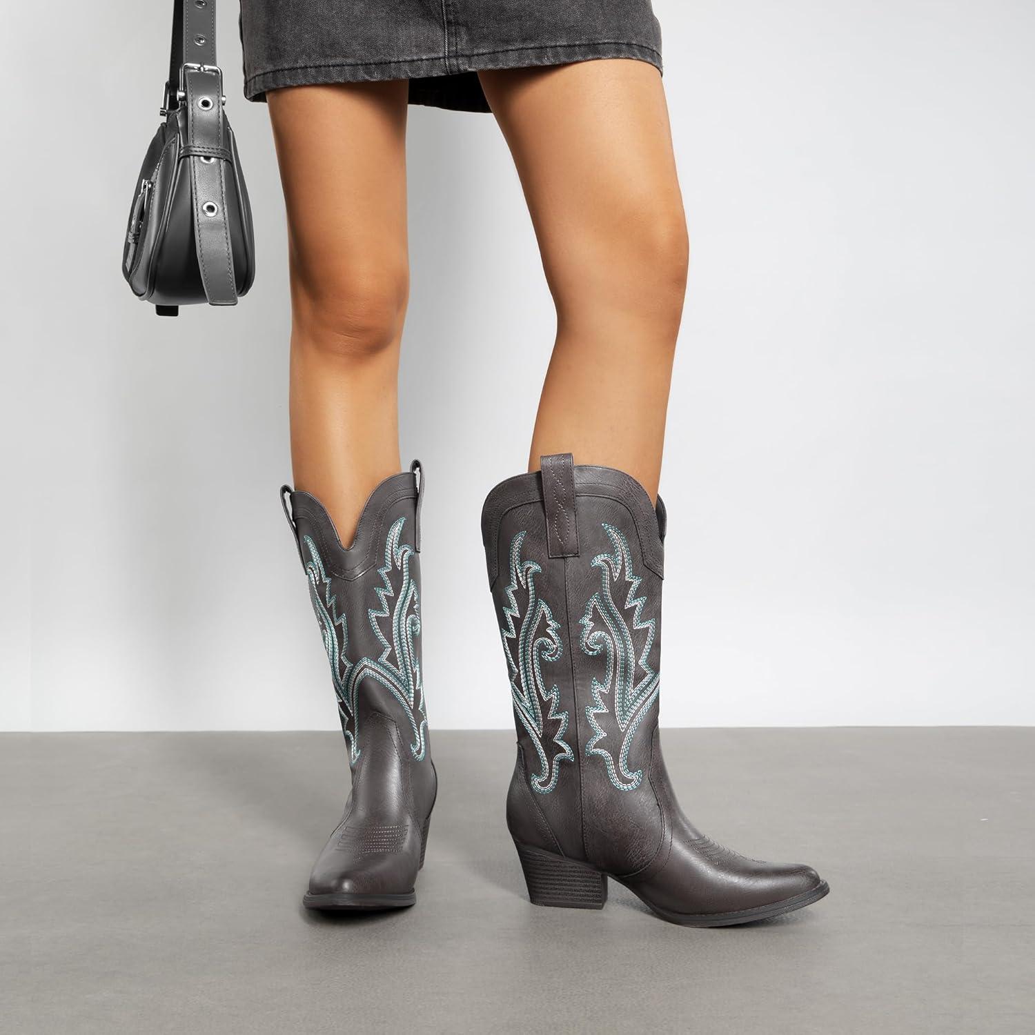 image:imageDREAM PAIRS Womens Cowboy Cowgirl Boots Embroidered Pointed Toe Low Heel Western Mid Calf Boot for Theme Party Country ConcertDark Brown
