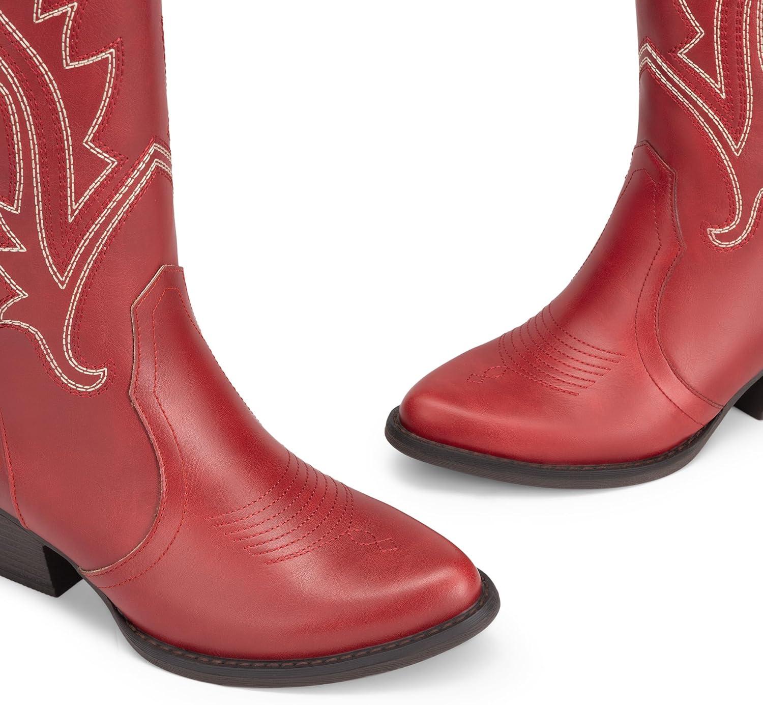 image:imageDREAM PAIRS Womens Cowboy Cowgirl Boots Embroidered Pointed Toe Low Heel Western Mid Calf Boot for Theme Party Country ConcertRed