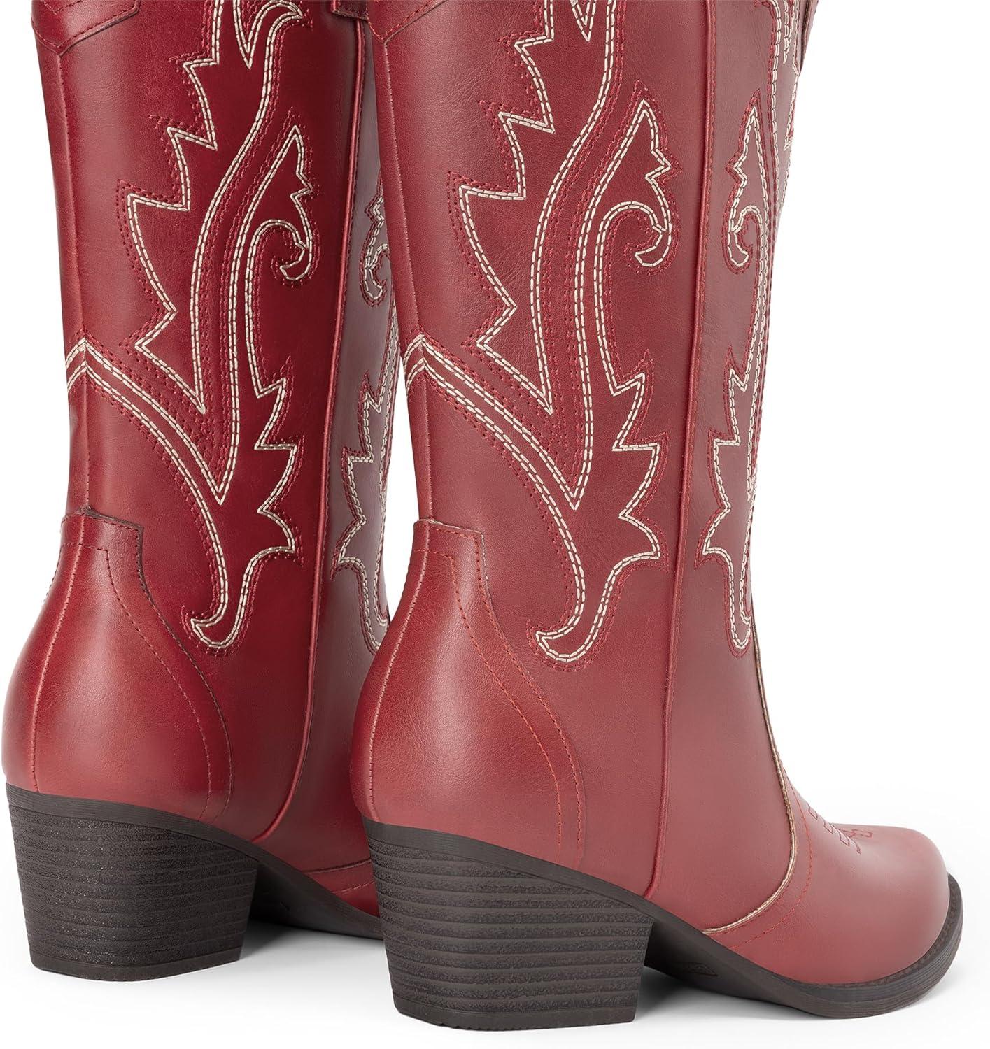image:imageDREAM PAIRS Womens Cowboy Cowgirl Boots Embroidered Pointed Toe Low Heel Western Mid Calf Boot for Theme Party Country ConcertRed