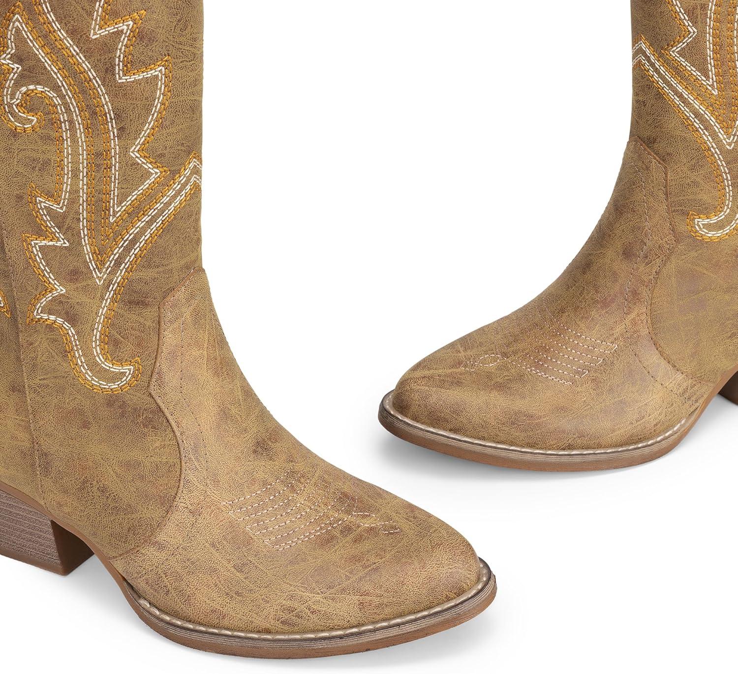 image:imageDREAM PAIRS Womens Cowboy Cowgirl Boots Embroidered Pointed Toe Low Heel Western Mid Calf Boot for Theme Party Country ConcertTan