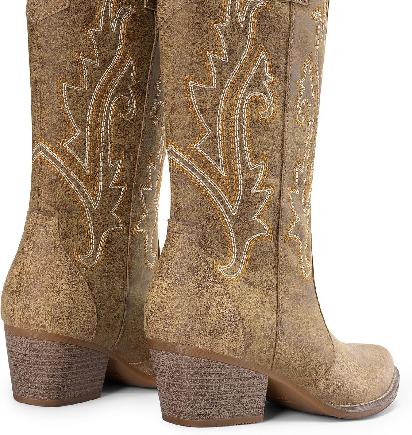 image:imageDREAM PAIRS Womens Cowboy Cowgirl Boots Embroidered Pointed Toe Low Heel Western Mid Calf Boot for Theme Party Country ConcertTan