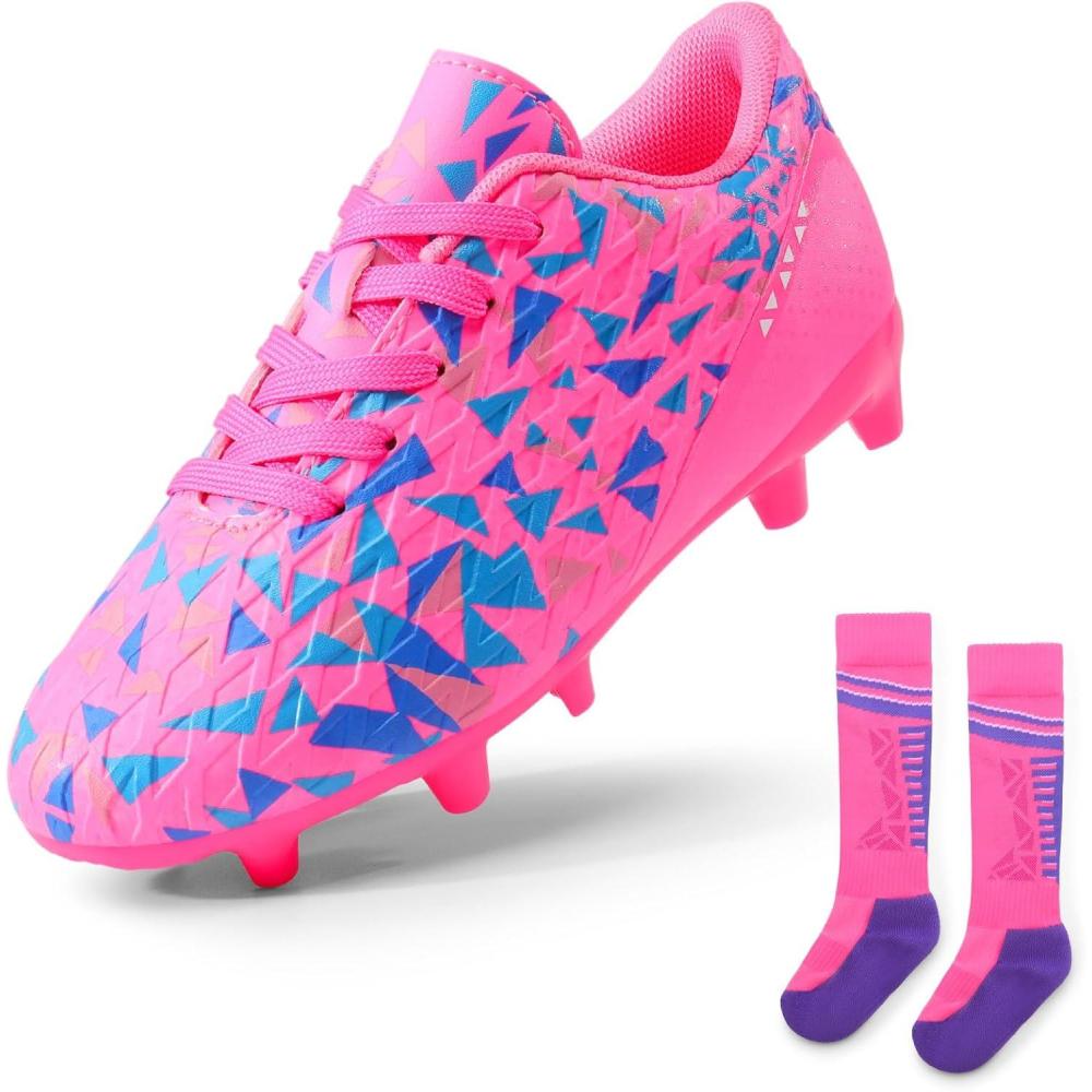 image:imageDREAM PAIRS Boys Girls Soccer Cleats Youth Firm Groud Athletic Outdoor Trainning Football Shoes with Soccer SocksFuchsiaPinkRoyalBlue