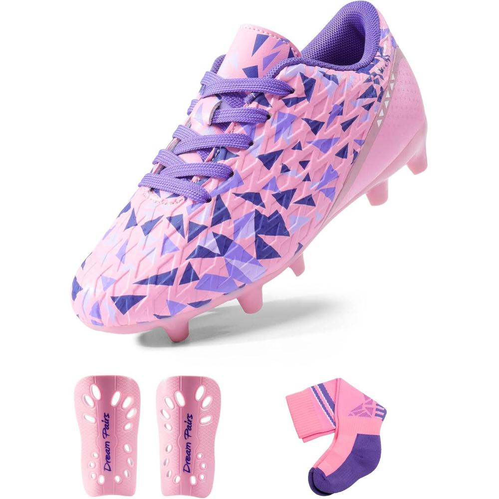 image:imageDREAM PAIRS Boys Girls Soccer Cleats Youth Firm Groud Athletic Outdoor Trainning Football Shoes with Soccer SocksPinkLight Purple