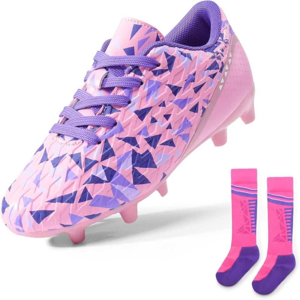 image:imageDREAM PAIRS Boys Girls Soccer Cleats Youth Firm Groud Athletic Outdoor Trainning Football Shoes with Soccer SocksPinkPurple