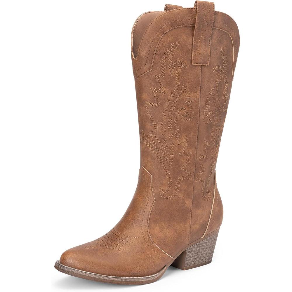 image:imageDREAM PAIRS Womens Cowboy Cowgirl Boots Embroidered Pointed Toe Low Heel Western Mid Calf Boot for Theme Party Country ConcertAll Brown