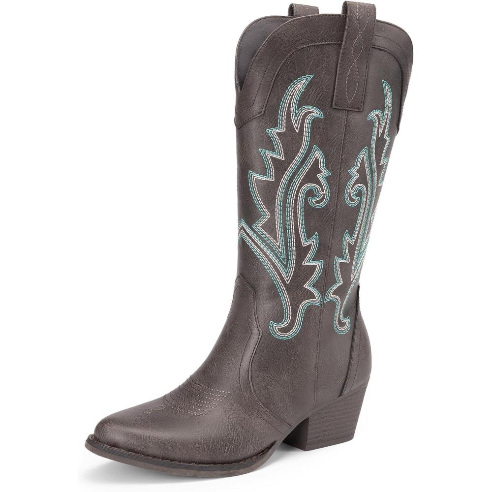 image:imageDREAM PAIRS Womens Cowboy Cowgirl Boots Embroidered Pointed Toe Low Heel Western Mid Calf Boot for Theme Party Country ConcertDark Brown