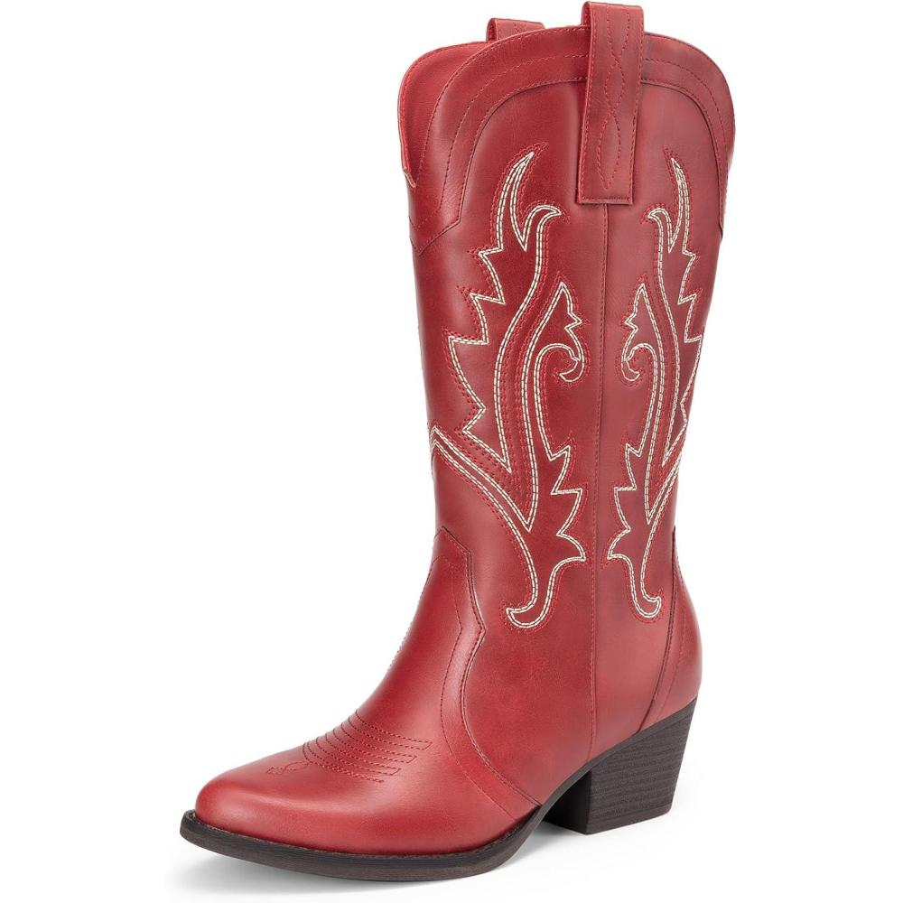 image:imageDREAM PAIRS Womens Cowboy Cowgirl Boots Embroidered Pointed Toe Low Heel Western Mid Calf Boot for Theme Party Country ConcertRed