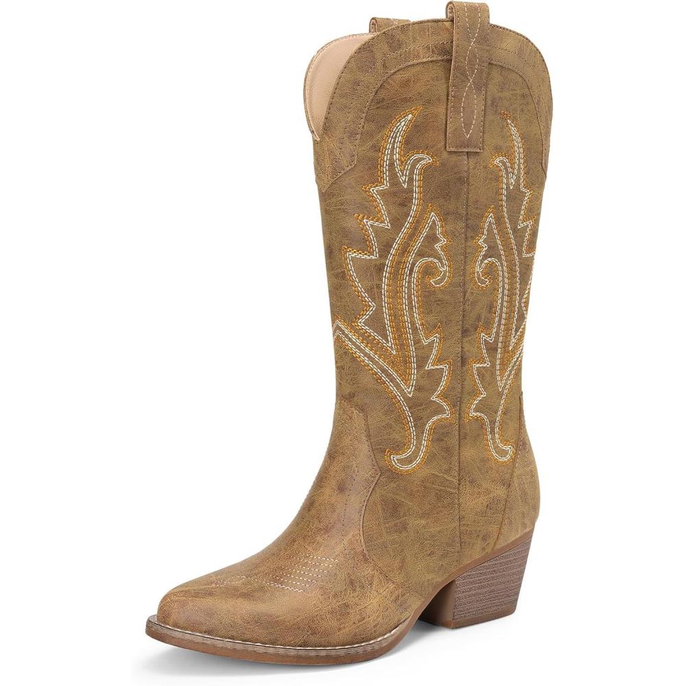 image:imageDREAM PAIRS Womens Cowboy Cowgirl Boots Embroidered Pointed Toe Low Heel Western Mid Calf Boot for Theme Party Country ConcertTan