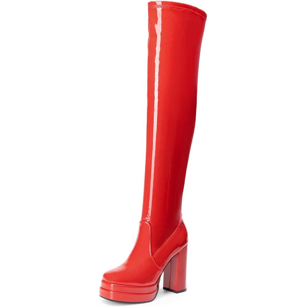 image:imageDREAM PAIRS Womens Platform Over The Knee Thigh High Boots Chunky High Heels Square Toe Long Fall Y2K Gogo BootsRedpat
